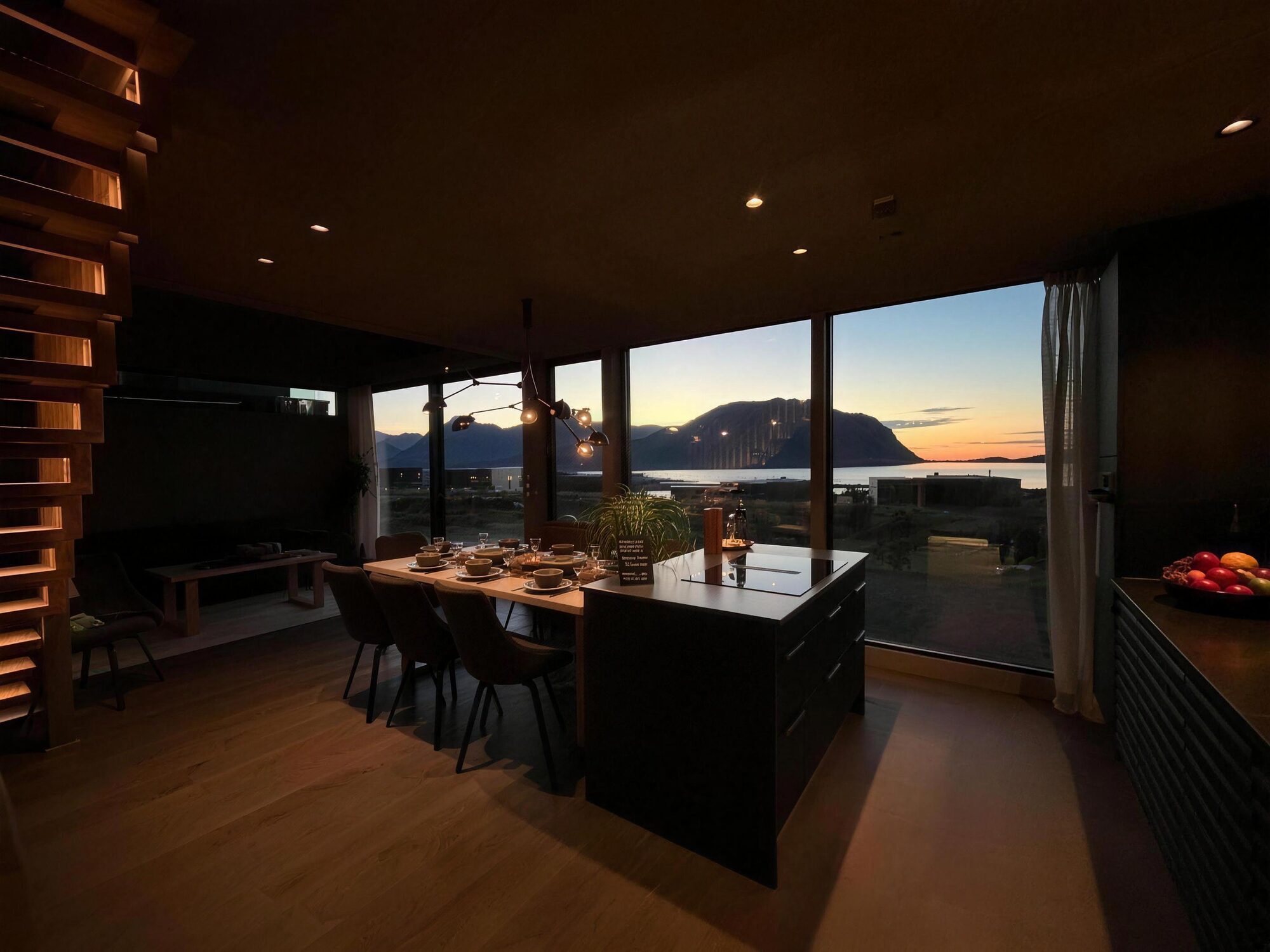 The dark kitchen and dining table at sunset, the sea and mountains through the glass