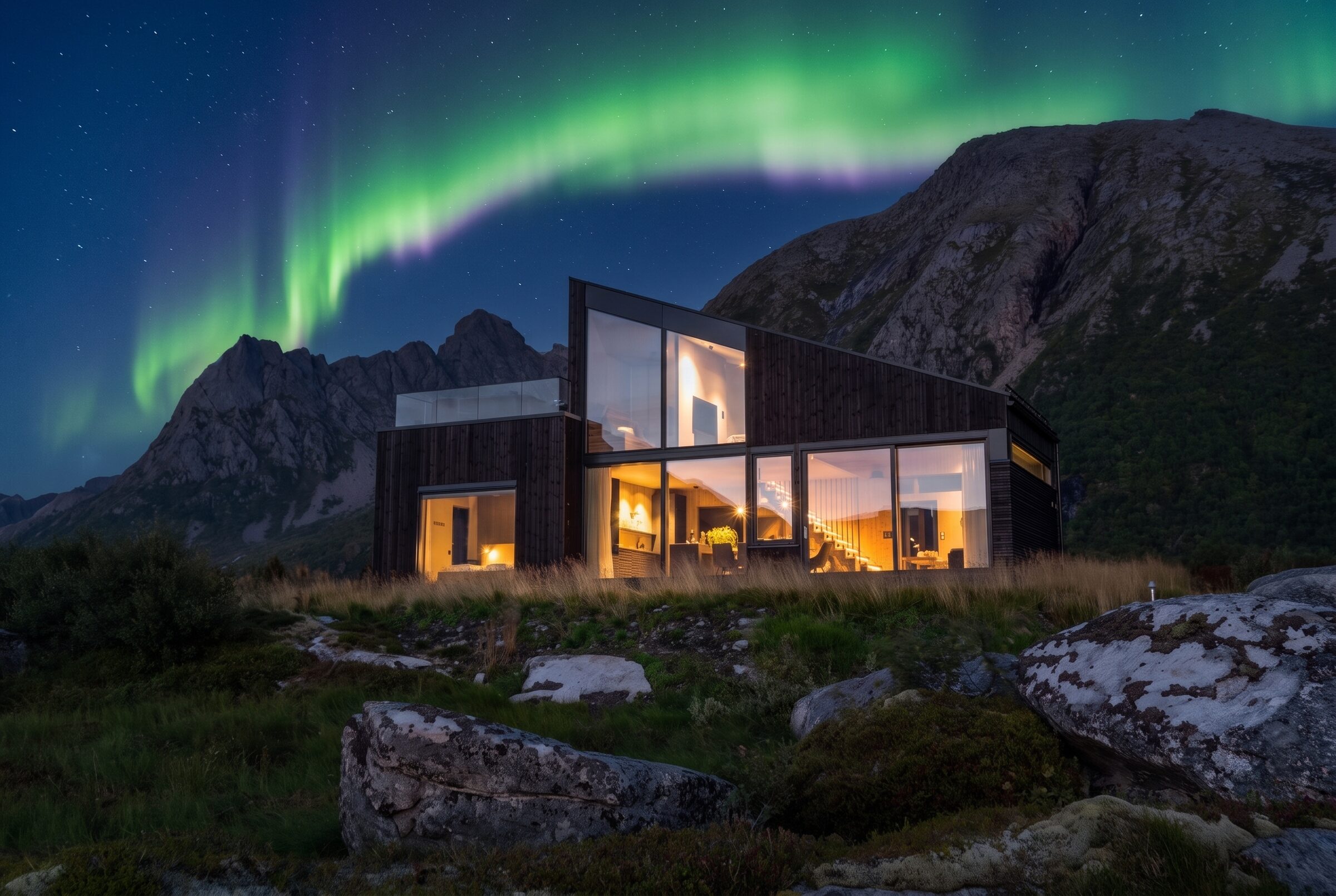Illustration of Hoda Cabin at night under green northern lights, windows lit, mountains behind